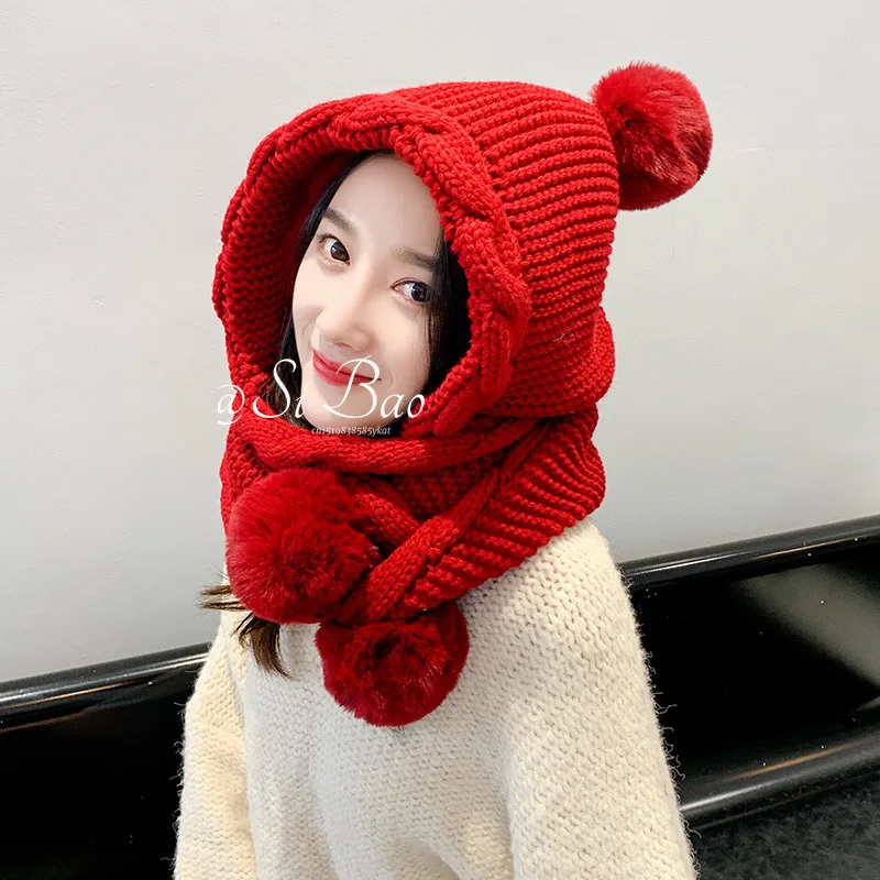 Women Korean Hooded Scarf Winter Hats Woman Cold Protection Warm Scarf Hat Cute Fur Ball Ear Protection Thickened Knitted Hat