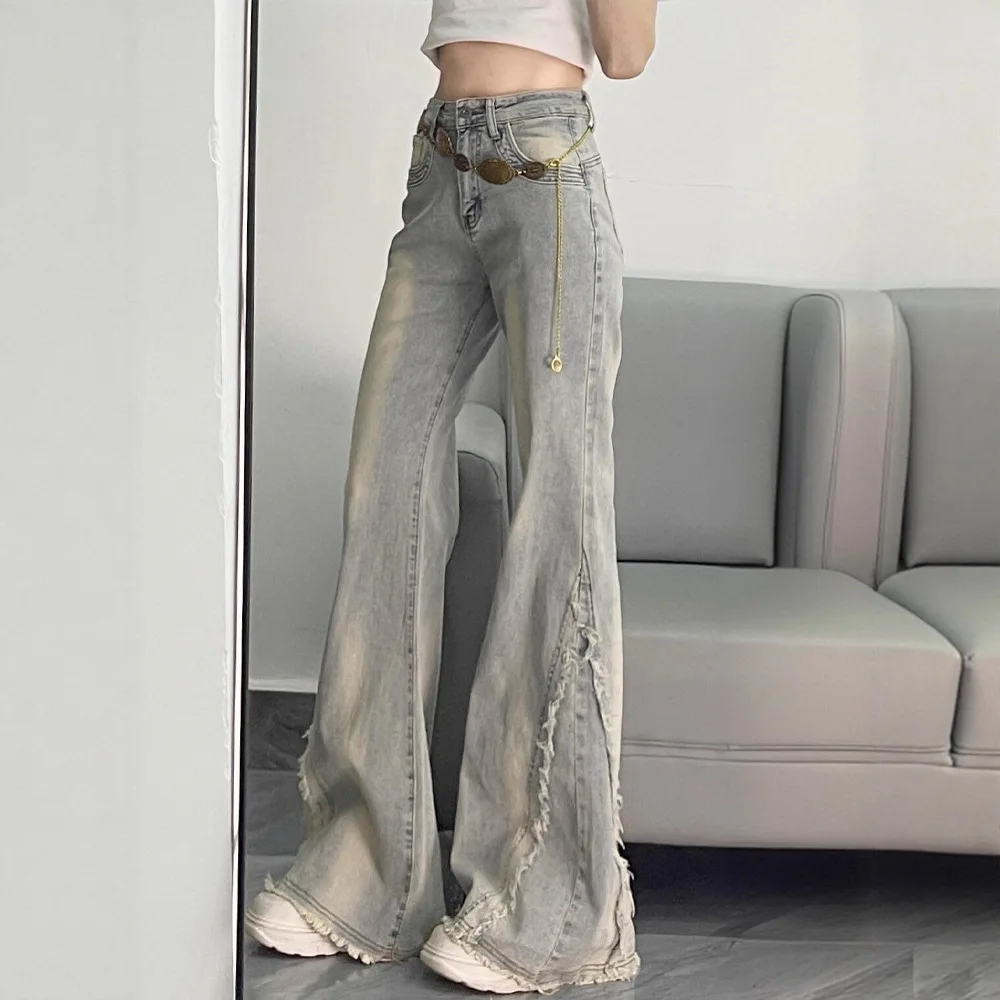 High Waist Wide Leg Denim Jeans Women Spring Summer New Style Frayed Patchwork Design Micro Flared Jeans Casual Loose Fit