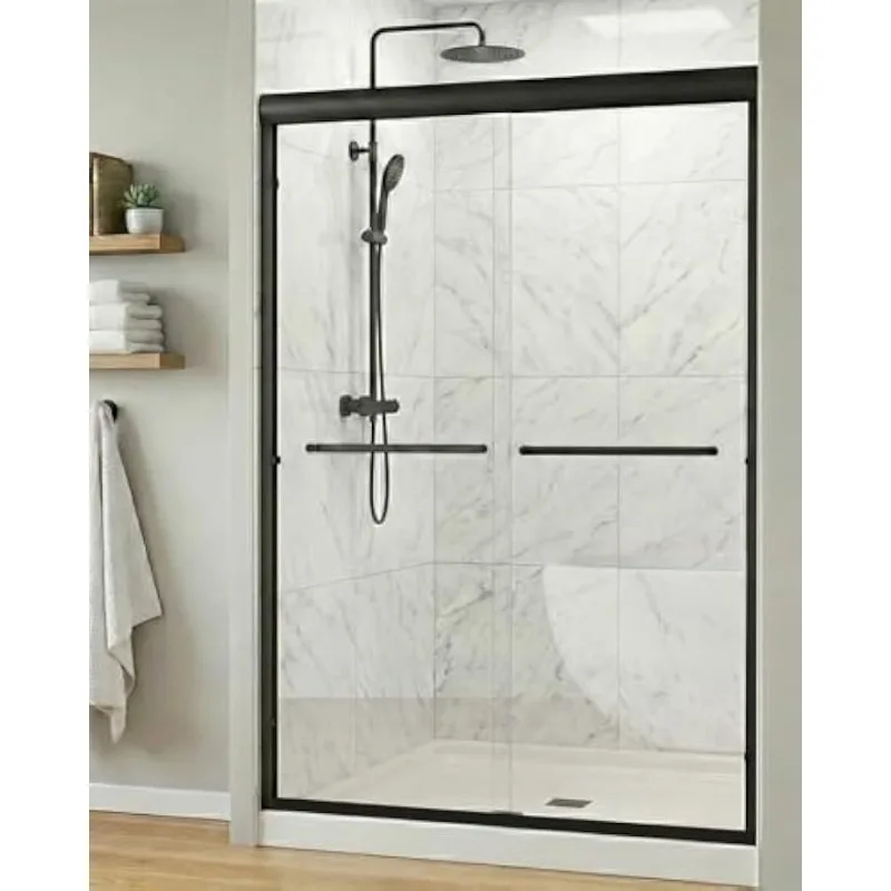 Walk In Sliding Framed Glass Shower Door Matte Black 44 To 48 Inch Width 72 Inch Height Tempered