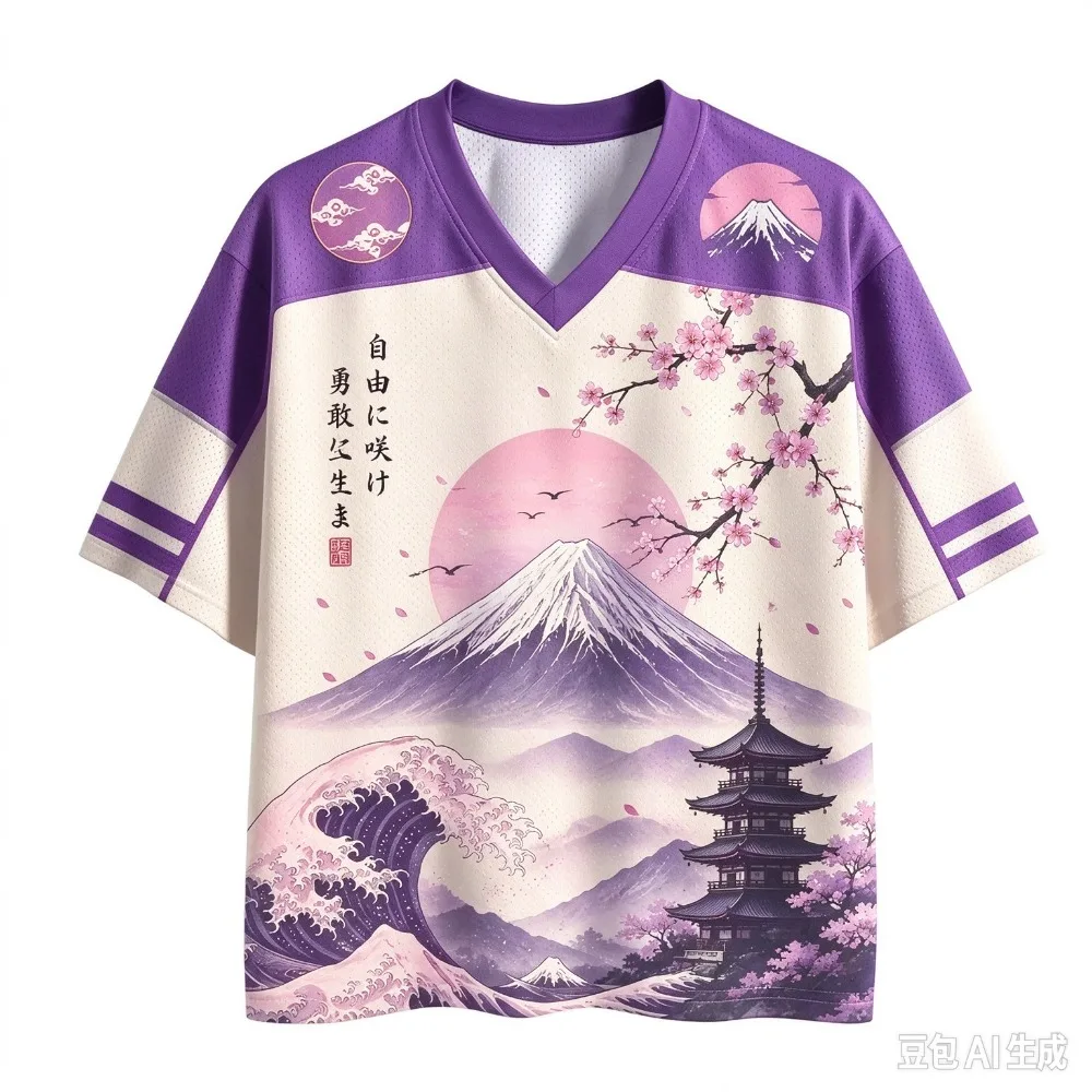 Japanese Ukiyo-e of Mount Fuji Cherry Blossom Wave Sport Quickdry Breath 3D Print Men V-Neck T-Shirt Street Fashion Parent-child