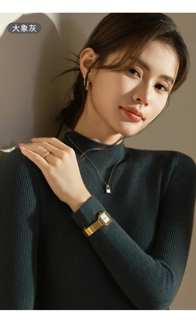 ผู้หญิง SLIM FIT CASHMERE เสื้อกันหนาวคอสูงสีดํา Bottoming เสื้อสําหรับฤดูใบไม้ร่วงฤดูหนาวเสื้อแจ็คเก็ตแฟชั่น