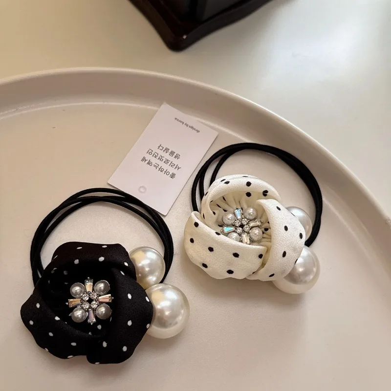 Korean Style Polka Dot Flower Hair Tie with Pearl & Crystal Elastic Ponytail Holder Women Hair Accessories Low ponytail hair tie