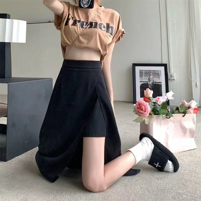 롱 스커트 여성 캐주얼 사이드 슬릿 디자인 봄 여름 레이디 팔다스 빈티지 패션 심플 S-3XL 엘라스틱 웨이스트 엘레강트 솔리드 인스