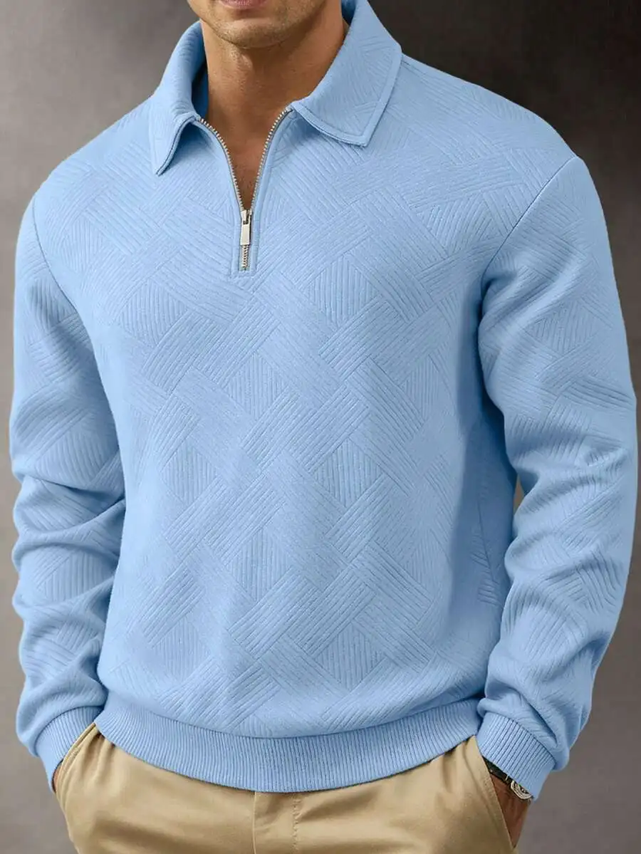 

Men's Light Blue Half-Zip Collared Pullover with Geometric Jacquard Knit