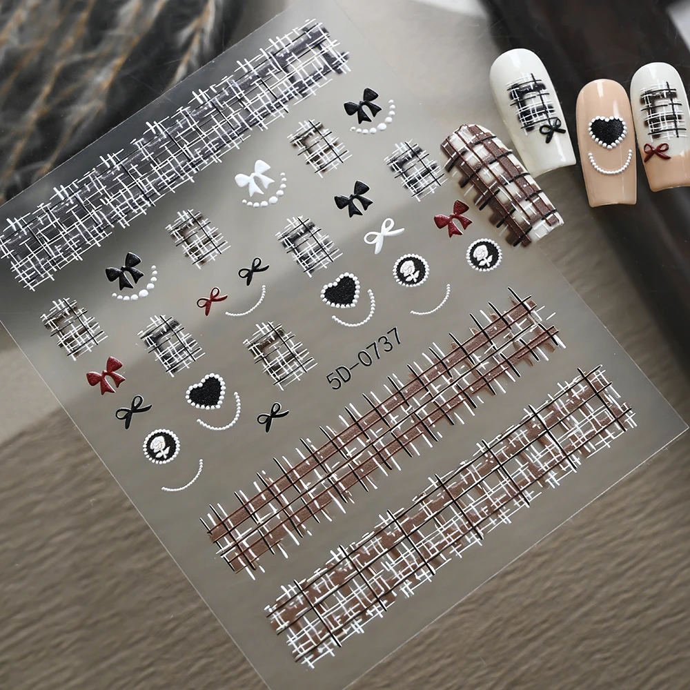 1pc Black White Vintage Plaid Heart Nail Stickers French Checkered Pearl Wave Point Bow Ribbon Adhesive Nail Art Decorat Decals