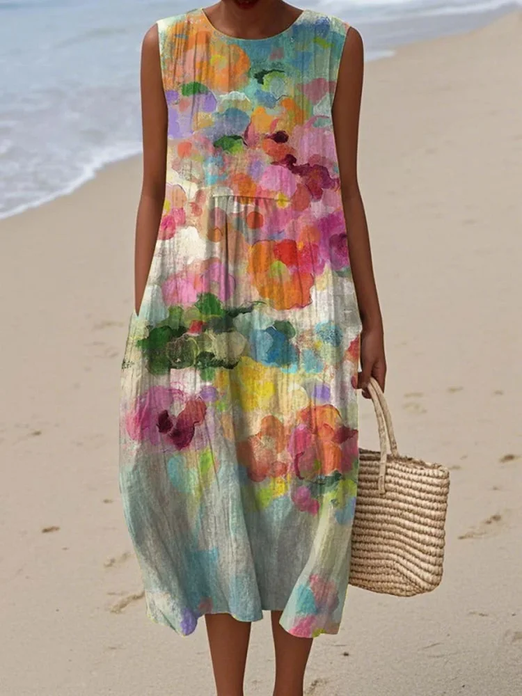 

Women's Vintage Floral Art Print Dress Plus Size Summer Holiday Sleeveless Pocket Round Neck Long Robe Fashion Pleating Sundress