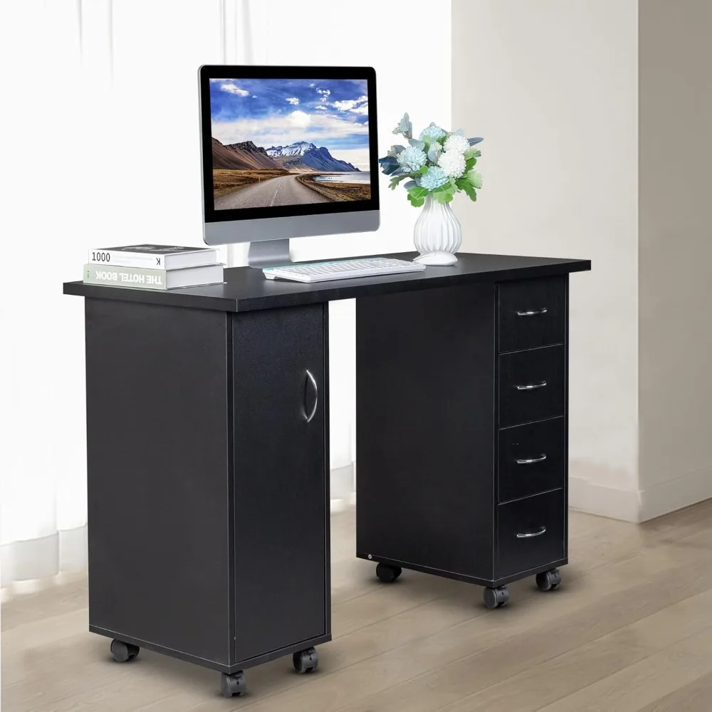 

Black 47" Mobile Home Office Desk with Cabinet & 4 Drawers, Rolling PC Desks Table, Computer Desk On Wheel, Office Desk with Sto