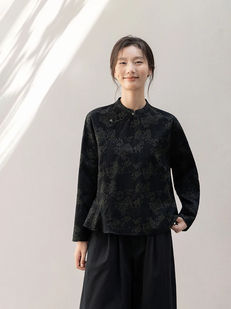 

Новая коллекция Le: 100% хлопковая вышитая черная осенняя китайская блузка с цветочным узором, прямого кроя, с длинными рукавами