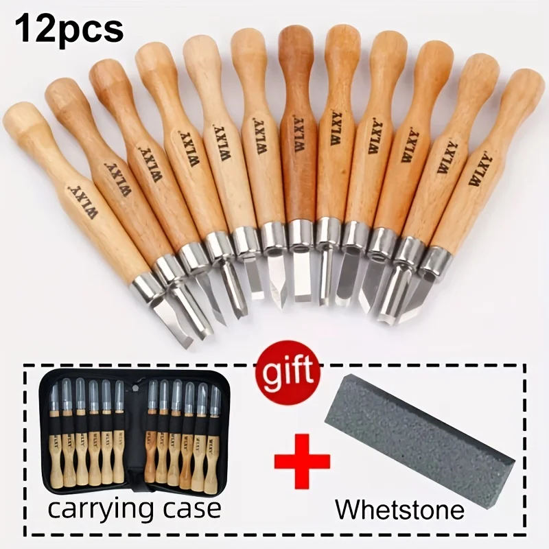 Cinzel em Madeira Profissional Cinzel Faca Mão Ferramenta Conjunto com Pedra de Moagem Escultura Detalhada Básica Carpinteiros Gouges 12 Pcs