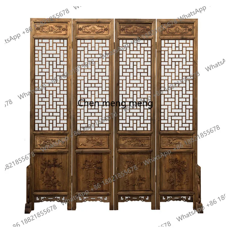 Chinese-style antique screen with hollow-carved patterns solid wood partition for entrance hall retro decoration for photography