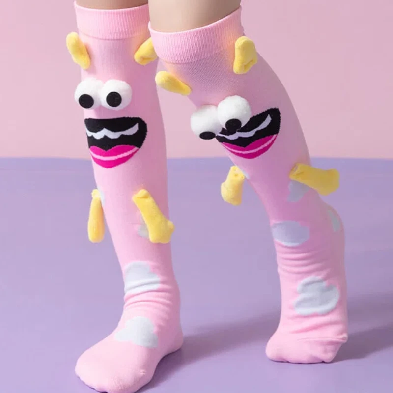 Spring Fall Cute Little Girls Cartoon Funny Monster Braid Decor Stockings Comfort Stretch Skin‑Friendly Children Knee High Socks