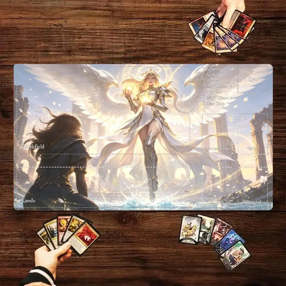 Blazing Golden Winged Angel TCG Playmat 35X60CM Spear Shield Ruins Battle Mat Non‑Slip Durable Stitched Edge Tabletop Playmat
