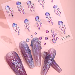 5D Relief Jelly Nail Art Sticker Kawaii Purple Jellyfish Self-Adhesive Decoration Decals Summer Sliders Manicure DIY