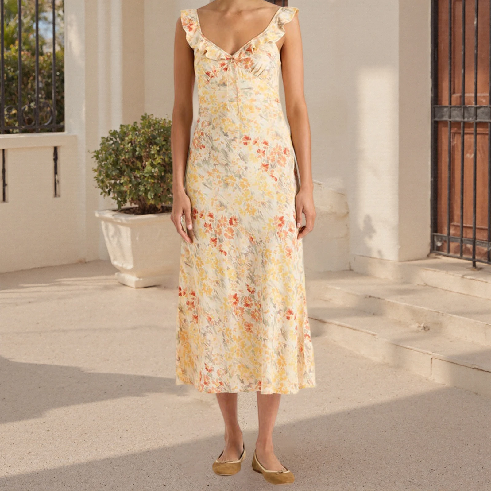 ผู้หญิงฤดูร้อน Midi Cami Dress แขนกุด Ruffle Trim V คอดอกไม้พิมพ์ชุดชายหาด