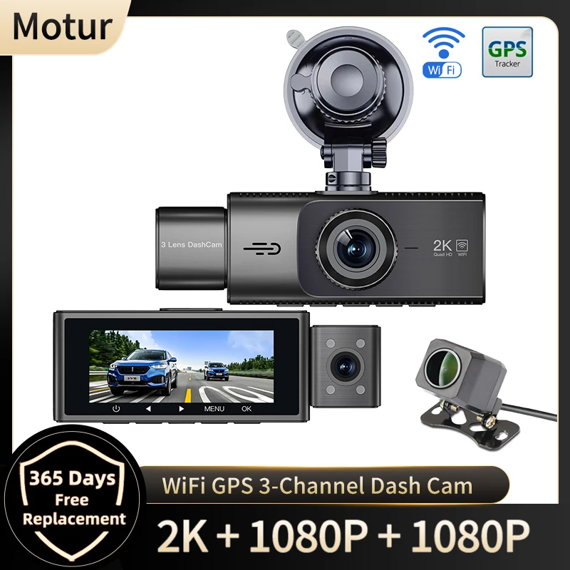 

3 Channel 2k 1440P HD WiFi GPS Dash Cam for Car DVR Camera Three Lens Video Recorder Night Vision 24H Parking Mode Black Box