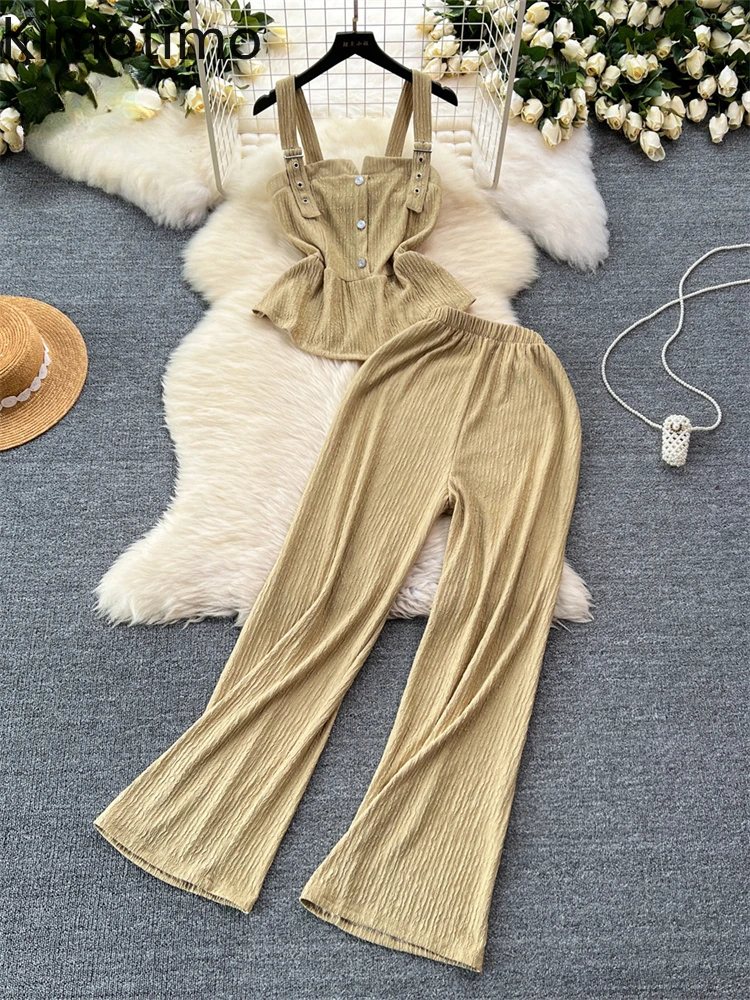 

Kimotimo Korean Solid Two Pieces Sets Sexy Strap Sleeveless Tank Top+Casual Slim Long Pants Basic Design Summer Fashion Suits