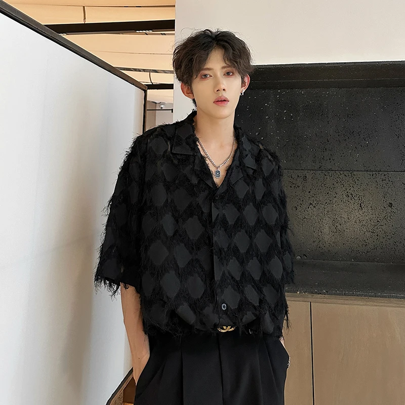 PFNW Stylish Tassel Male Top Solid Color Turn-down Collar Shirt Men Casual Short Sleeve Tops 2024 Summer Handsome Male 28W3676