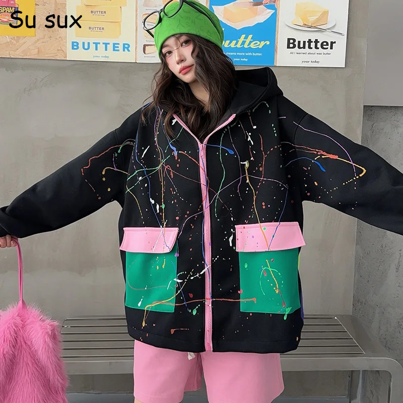 

2026 Spring Graffiti Pocket Hooded Oversized Sweatshirts Tops For Woman Y2k Clothes Japanese Korean Fashion Casual Hoodies