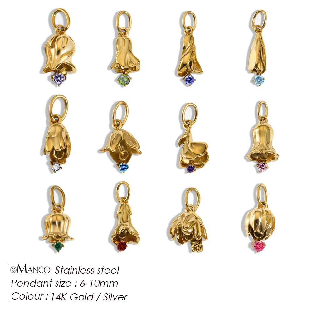 EMANCO Stainless Steel Flower Bud Charms with Multi-Color Cubic Zirconia Natural Romantic Style Custom Necklaces Jewelry Making