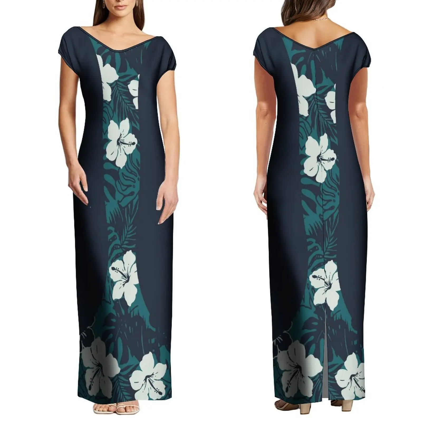 Women'S V-Neck Dress Slit Long Dress Polynesian Tribe Elegant Design Women'S Long Dress 