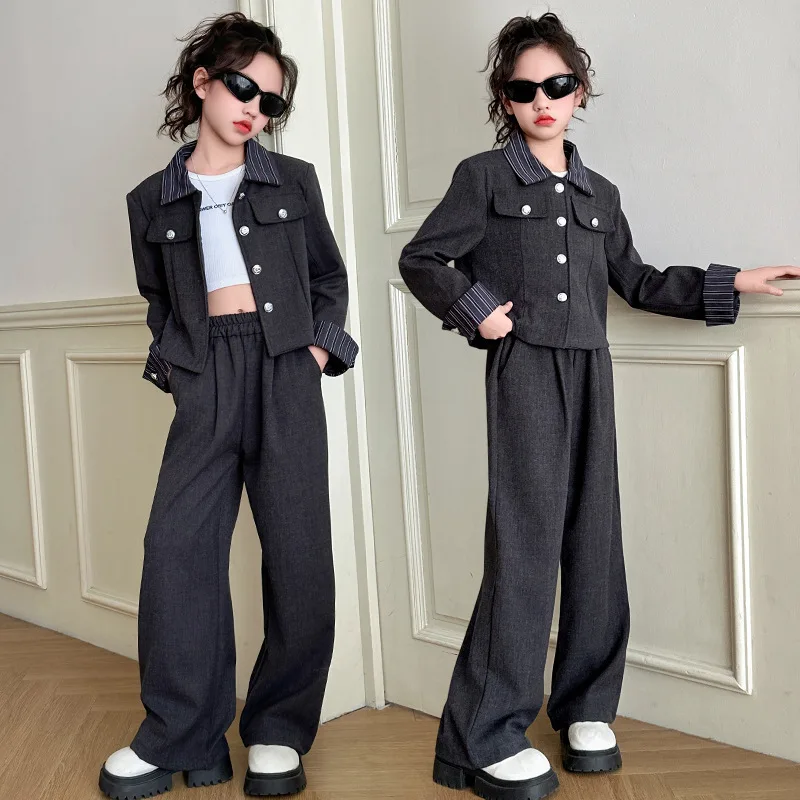 

Осенний наряд для девочек-подростков, детское полосатое лоскутное однобортное пальто для девочек, прямые брюки для девочек, комплект из 2 предметов