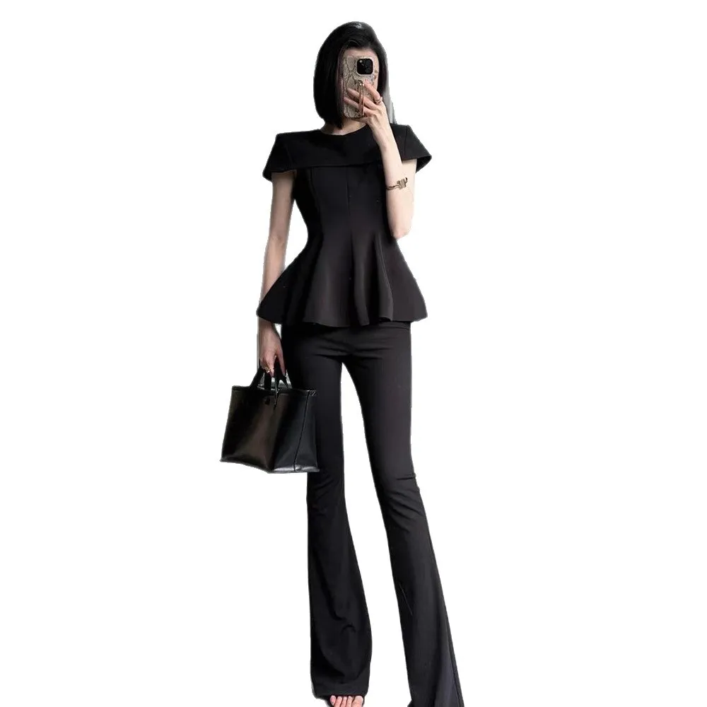 Elegant Black Short Sleeve Slim Fit Shirt Women's Fashion High-End European Style Summer Shirt Shoulder-Length Appropriate