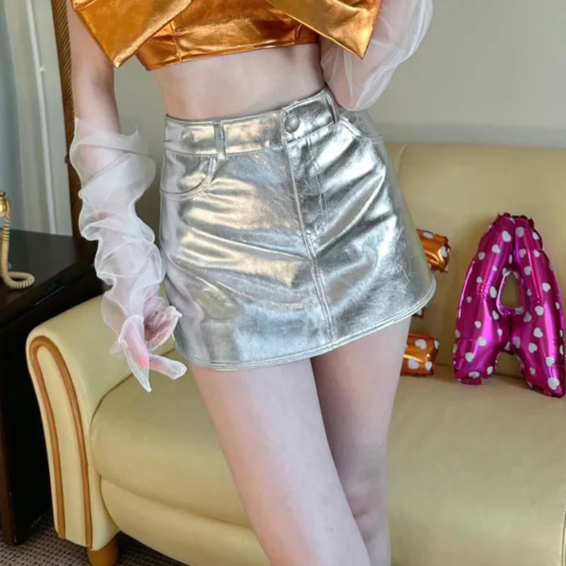 Shestyle Zipper Fly Pockets A-Line Skirt Women Pink Preppy Style Y2K High Waist Mini Hot Girl Silver Party Bottom 2023 New