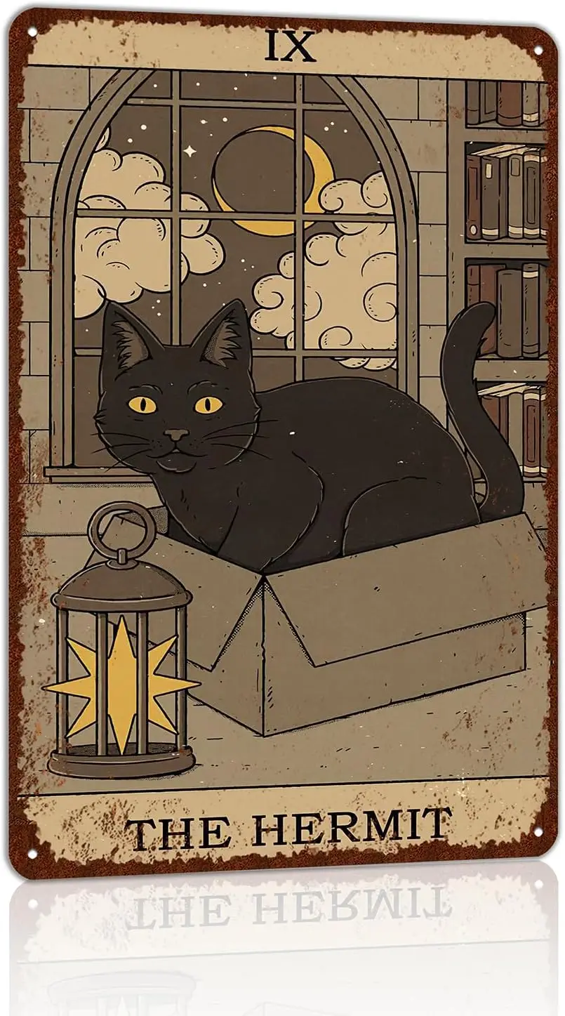 Vintage Cat Tin Sign Retro Tarot Card Metal Poster Wall Art Decor Bathroom Dorm Room Home - Hermit-aluminum