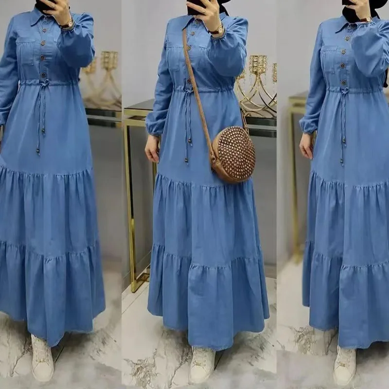 Women\'s Blue Denim Dress Elegant Muslim Slim Abayas Femme Caftan Islamic Fashion Long Dresses Robe Longue Elegant Lady Tunics