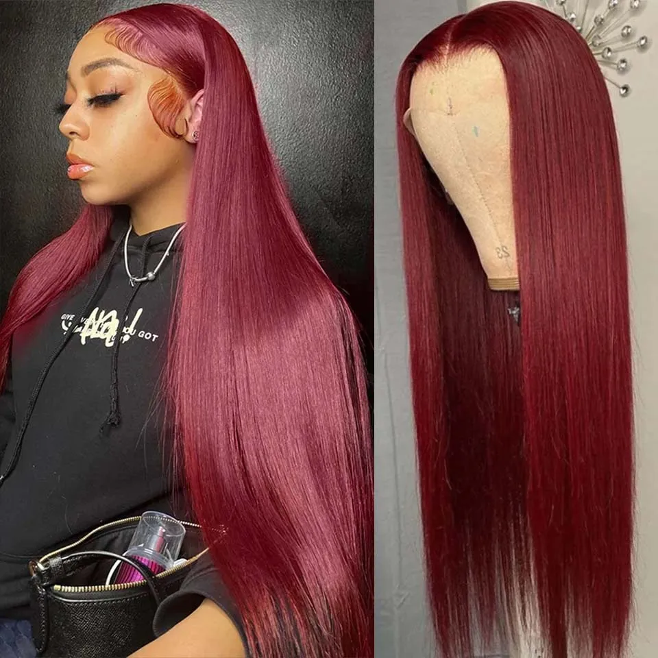 

99J Straight 13x6 Lace Frontal Human Hair Wig Burgundy Red Color Remy 13x4 Transparent Lace Front Wigs Human Hair For Women 200%