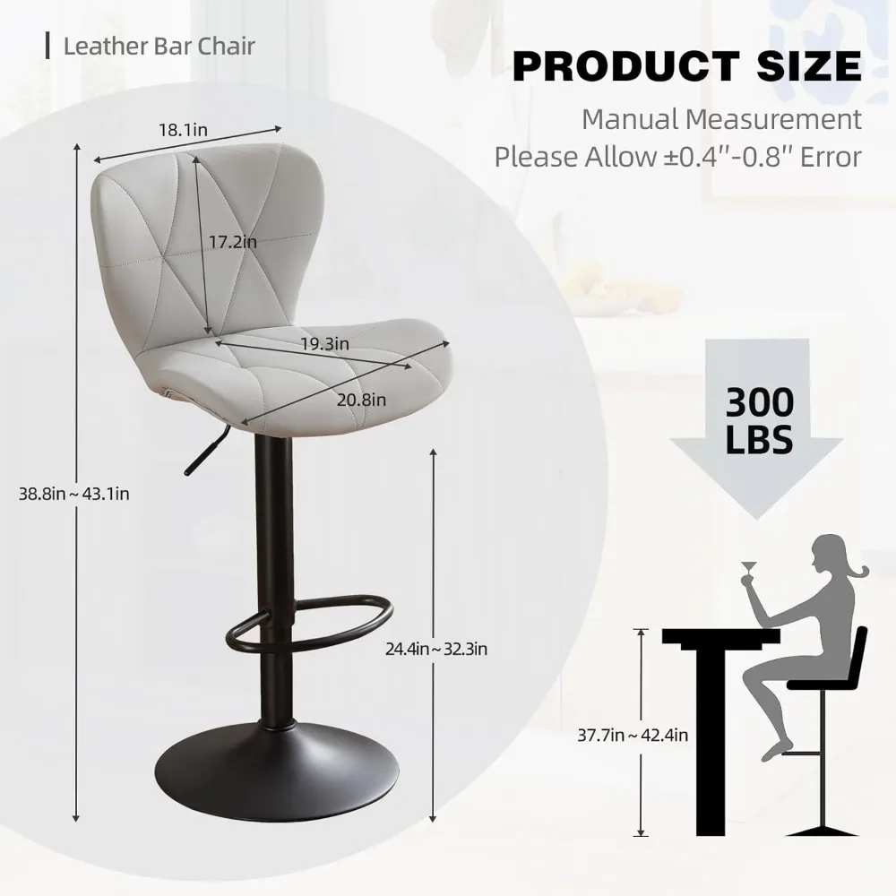 adjustable bar stools set of 6, modern pu leather upholstered, armless swivel bar chairs with back for kitchen bar island(grey)