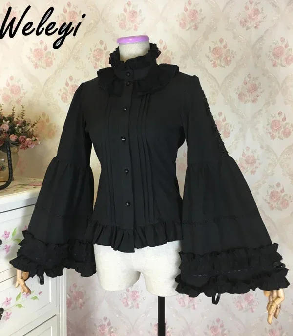 

Court Lolita Goth Retro Inner with Ji Sleeve Shirt Jirai Kei Autumn Japanese Sweet Long Lace Bubble Sleeve Stand Collar Shirts