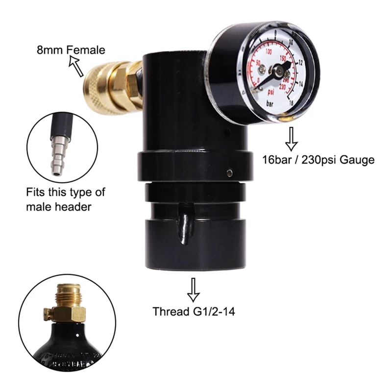 HPA Low Pressure Regulator T-Type Mini CO2 Regulator G1/2-14 Thread Regulator Output Pressure 230 Psi With Coupler Gauge