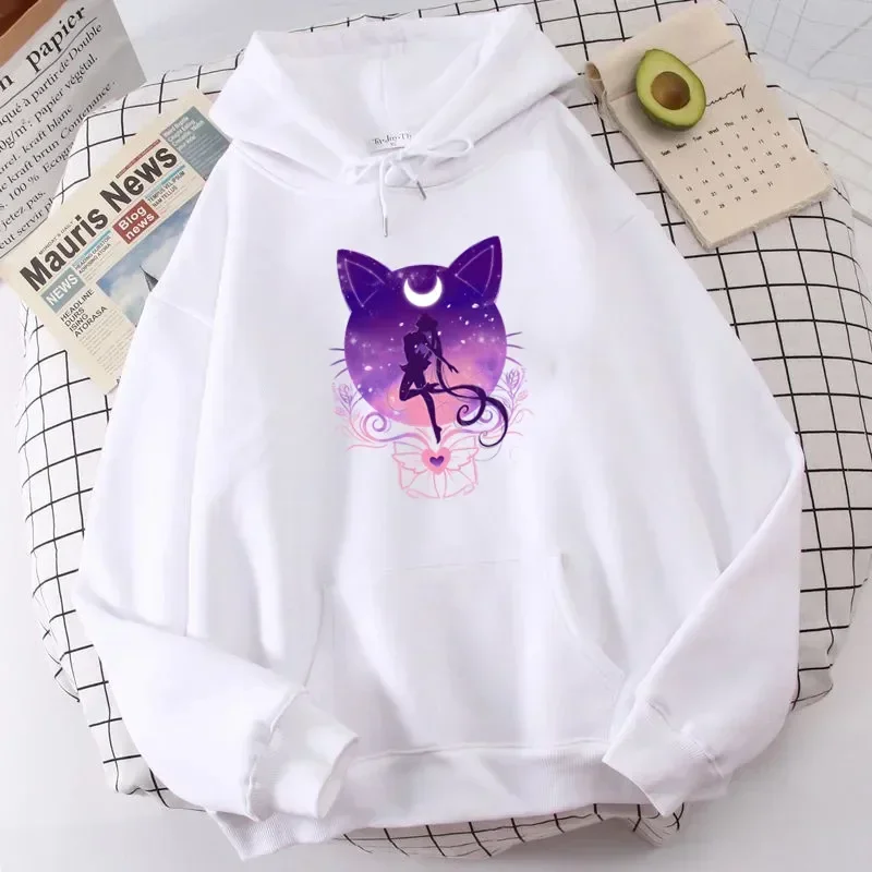 Vintage Anime Plus Size Hoodie Women Sweatshirts Printed Cat Moon Long Sleeve Hooded Kawaii Cartoon Female Streetwear Tops