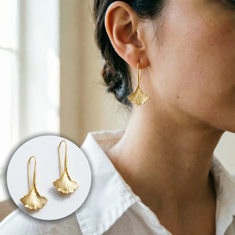 Vintage Elegant Handmade Golden Color Ginkgo Hook Earrings for Women Fashion Charm Design Festival Anniversary Fine Jewelry Gift