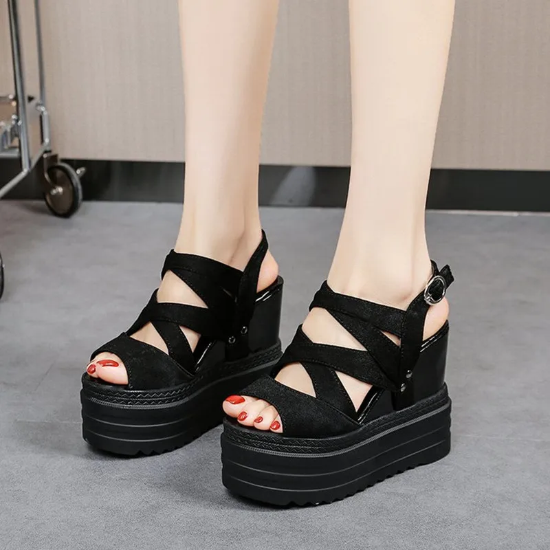 Wedges 12cm Super High Heels Sandals Thick Bottom Fashion Height Increase Cross Strap Fish Mouth Women's Shoes Casual Sandales