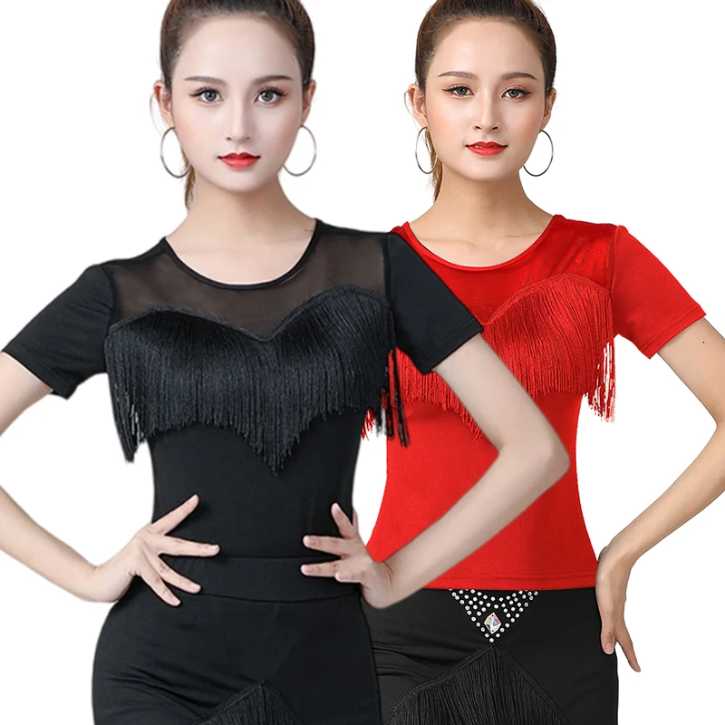 Latin Dance Female Adult Tops 2024 Four Seasons New High-End Slim Short-Sleeved Irregular Tassel Skirt Practice Clothes