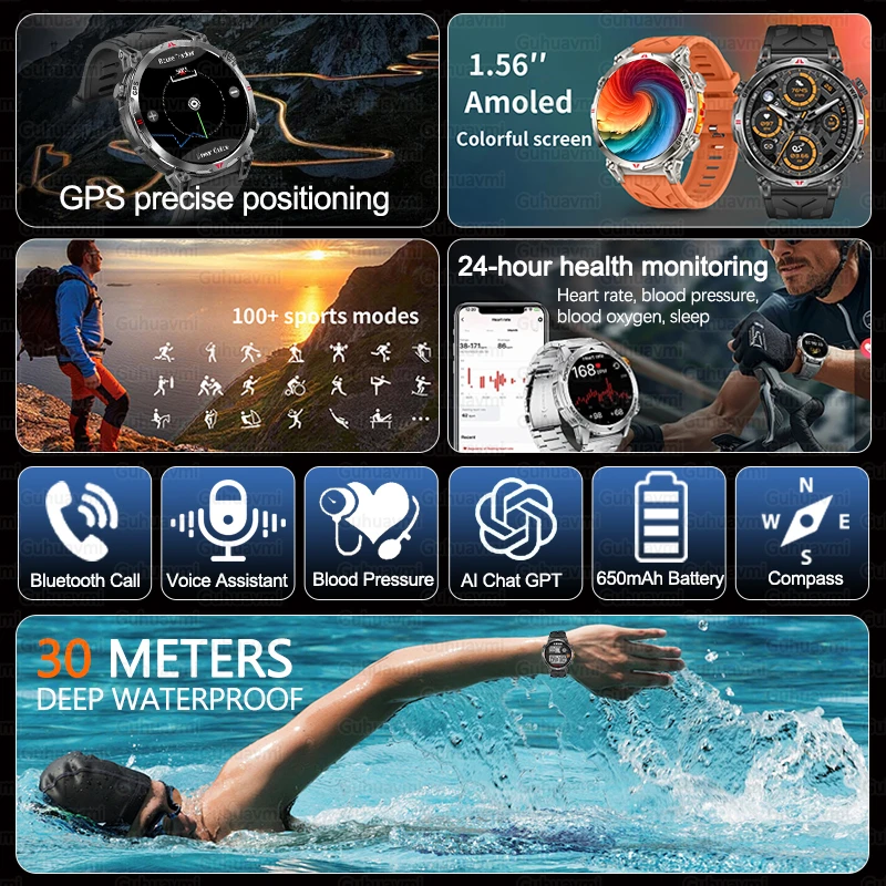 2026New Outdoors Military GPS Smart Watch Men 650mAh Compass Altimeter Clock 10ATM Waterproof Heart Rate Call Sports Smartwatchs