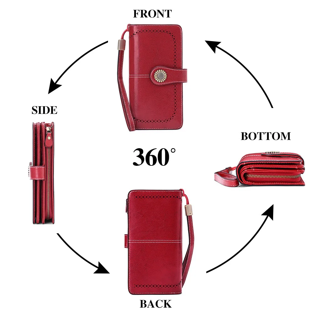 RFID Anti-theft Brush Retro Large Capacity Long Wallet Multi-card Women's Wallet Multi-function Zipper Wallet With Wrist Strap