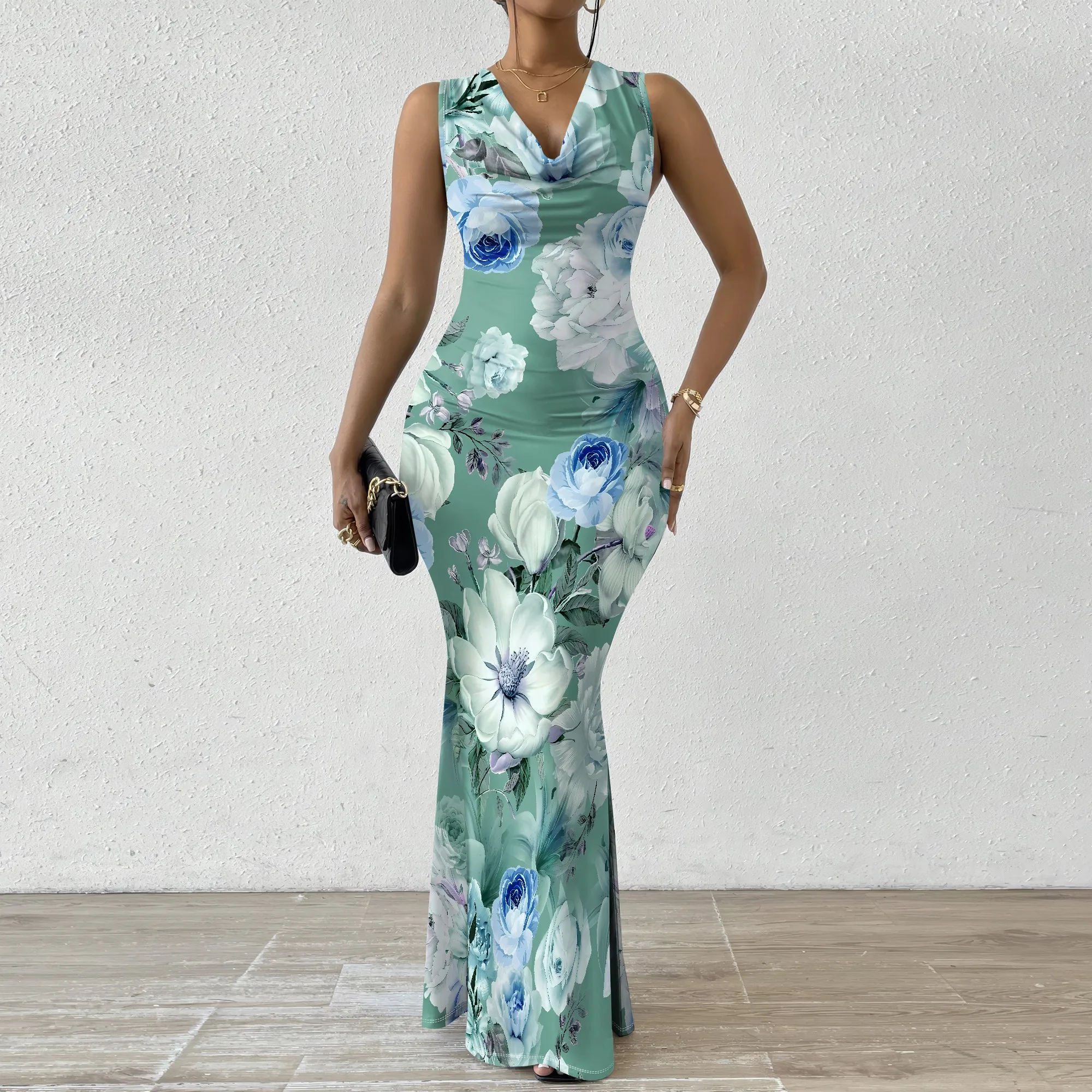 

EQQZD Sexy Sleeveless Swing Neck Fishtail Maxi Dress, Beautiful Flowers Print Bodycon Dress for Women