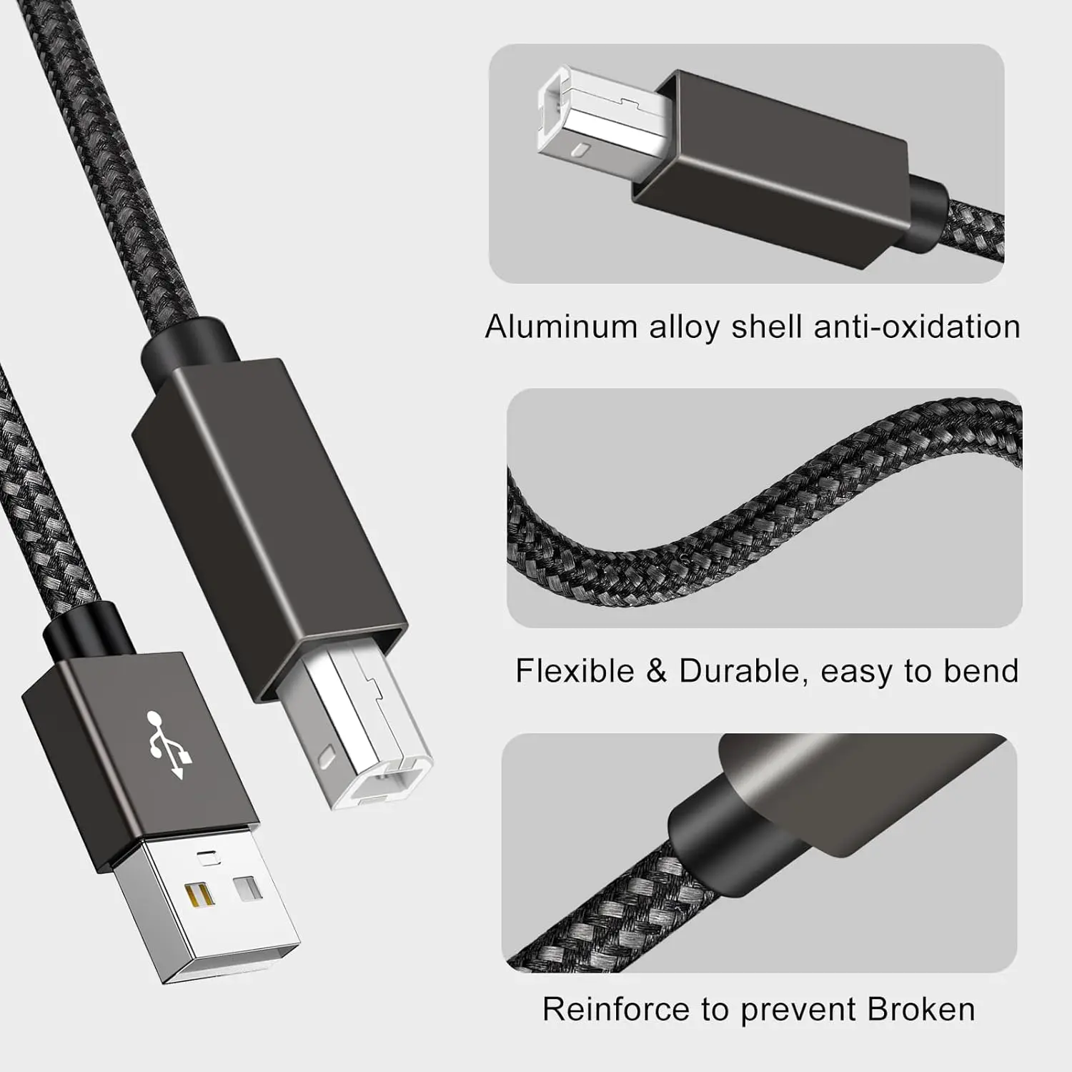 Кабель принтера USB 2.0 длиной 10 футов, шнур USB-A «папа» — «папа» USB-B, кабель принтера сканера с нейлоновой оплеткой, совместимый с HP, Canon, Brother
