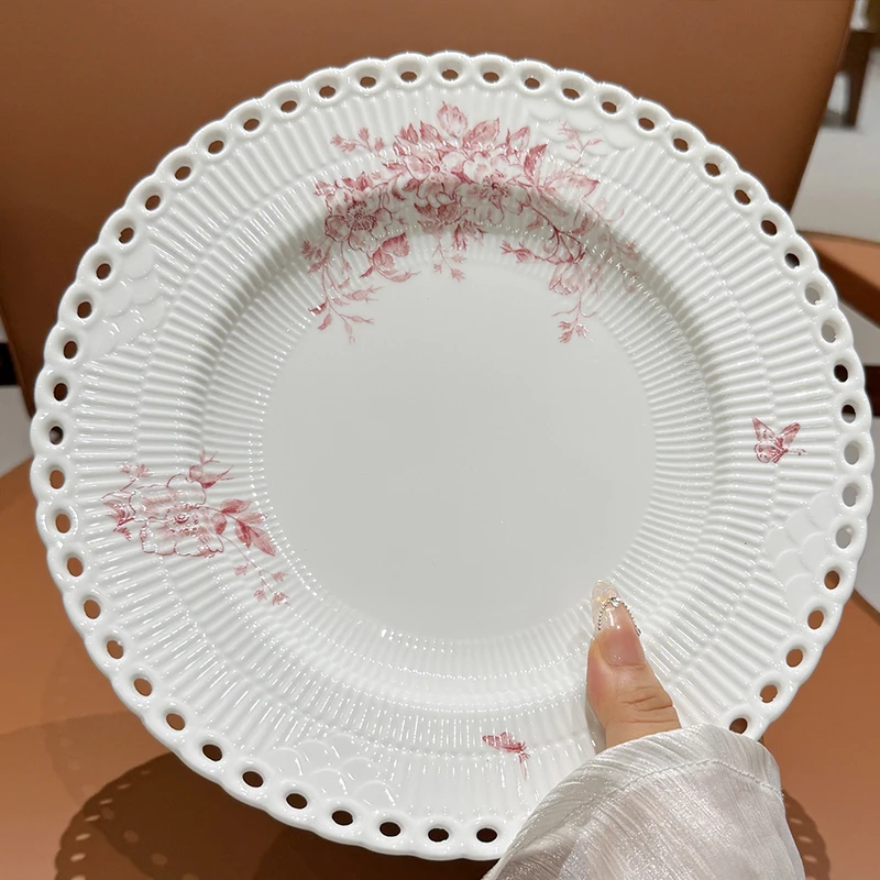 Red Flower Relief Ceramic Plate New Household 8 Inch Hollow Out High Aesthetic Flat Plates Light Luxury Beef Steak Pasta Plate