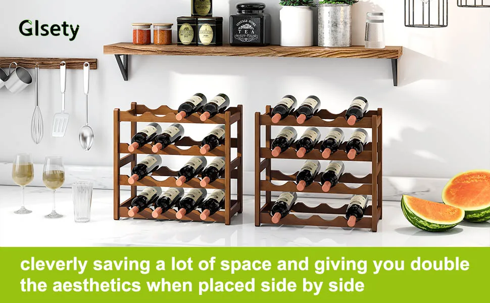 Wooden wine rack system with multiple tiers for bottle storage, shown with kitchen shelf above displaying jars and kitchenware. Wall-mounted utensil holders visible.