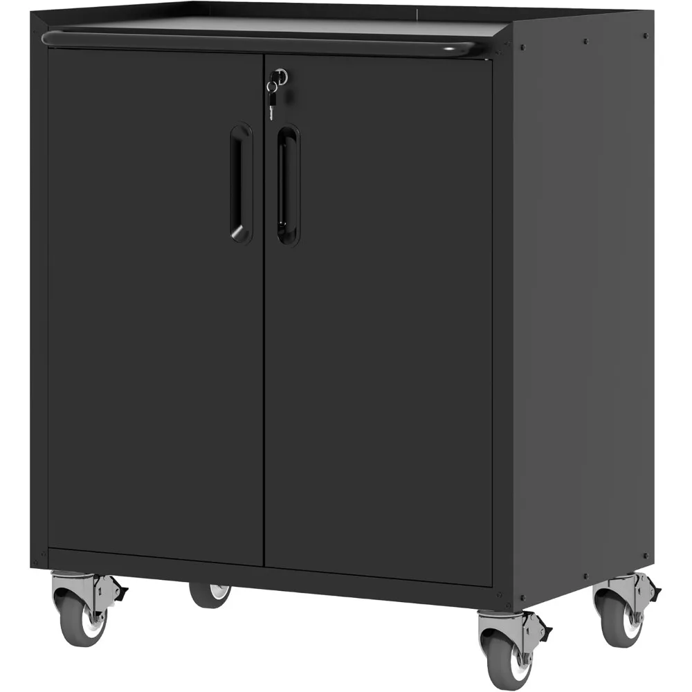 

Metal Storage Cabinet with Wheels, Lockable Garage Cabinet with Doors and Shelves, Rolling Tool Storage, Assembly Required, Blac