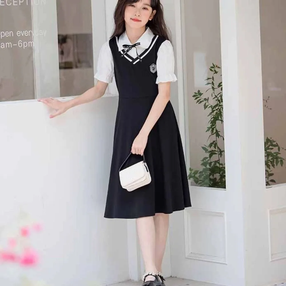 Pleated Girls False Two Dress Preppy Style Short Sleeve Summer Dresses Teenagers Beach Vacation Children A-line Dress Party