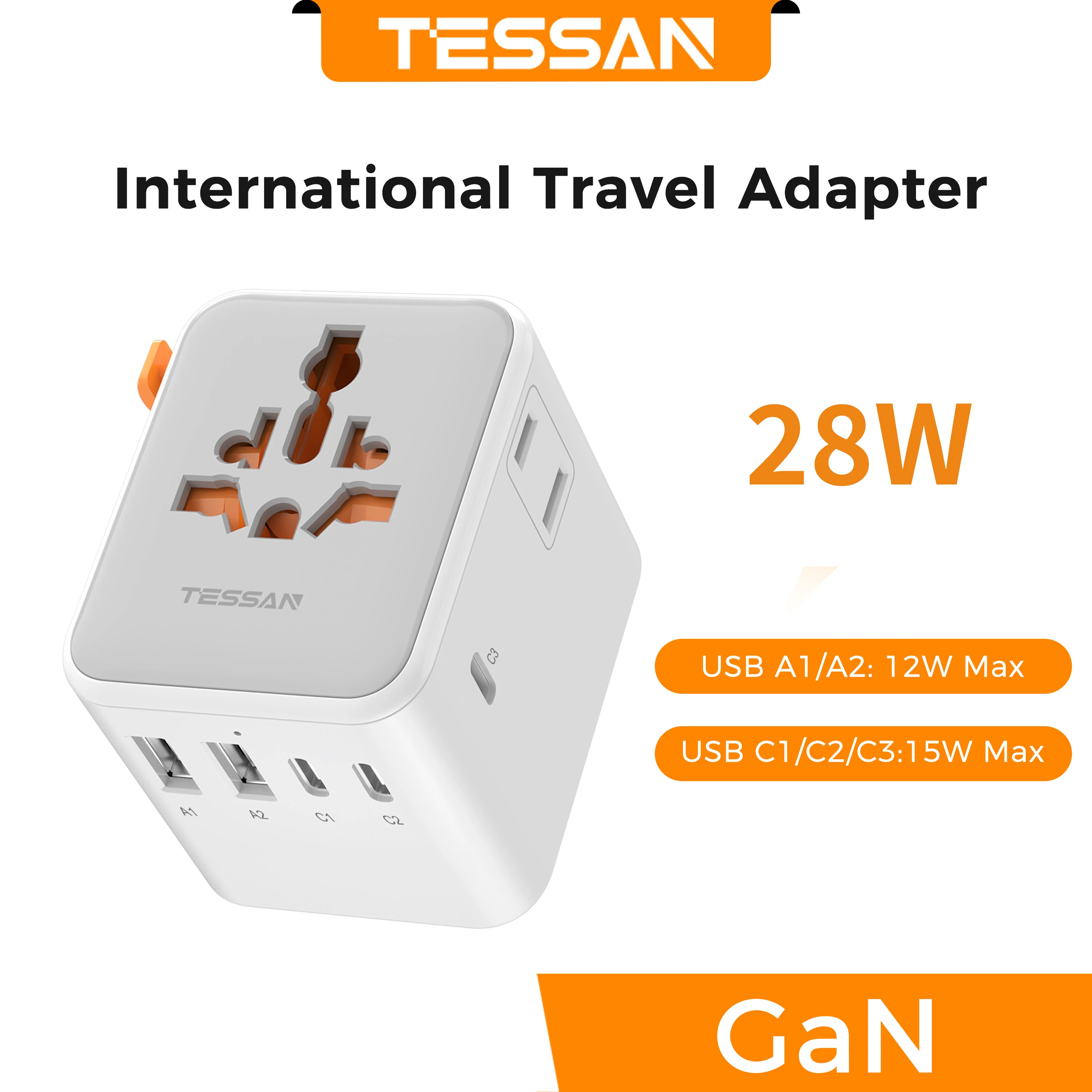 TESSAN 65W GaN Internationale reisadapter Universele 28W 20W stekkeradapter met 4/5 USB-poorten Draagbare aansluiting voor EU/UK/USA/AUS