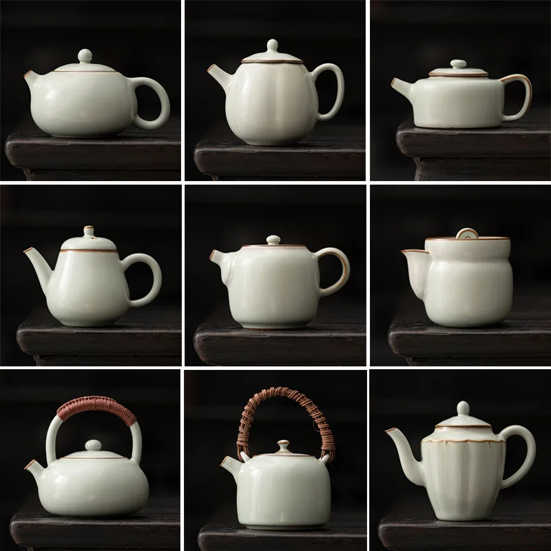 Azure Ru Ware Ceramic Teapot Single Xi Shi Pot Gracked Glaze Single Porcelain Kung Fu Tea Set Beige Tea Infuser Tea Kettle