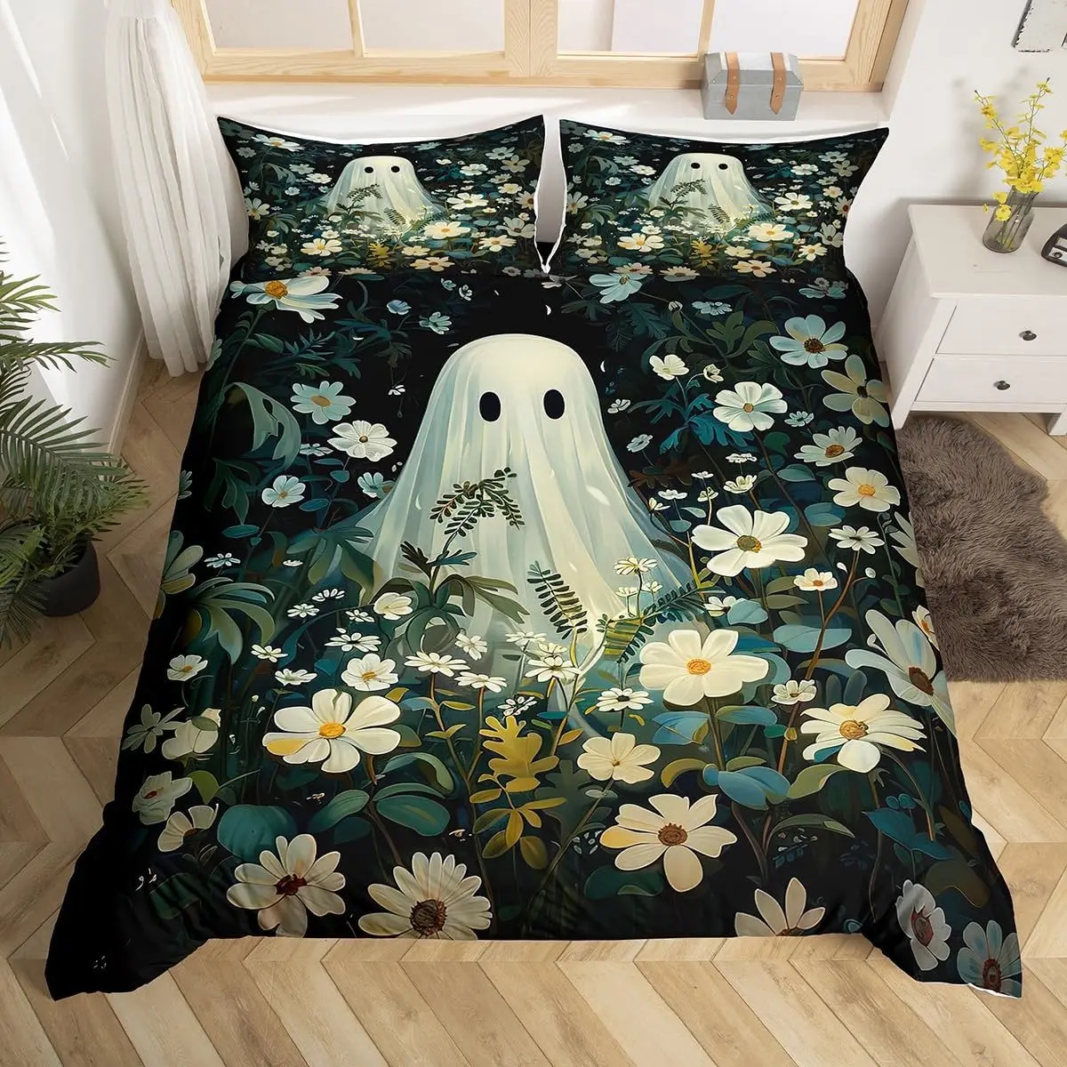 Halloween-Bettwäsche-Set, 3D-gedruckt, Anime-Geist, Bettbezug-Set, Kissenbezug, hautfreundlich, Einzelbett, Doppelbett, King-Size-Größe für Kinder, Halloween – Detail 3