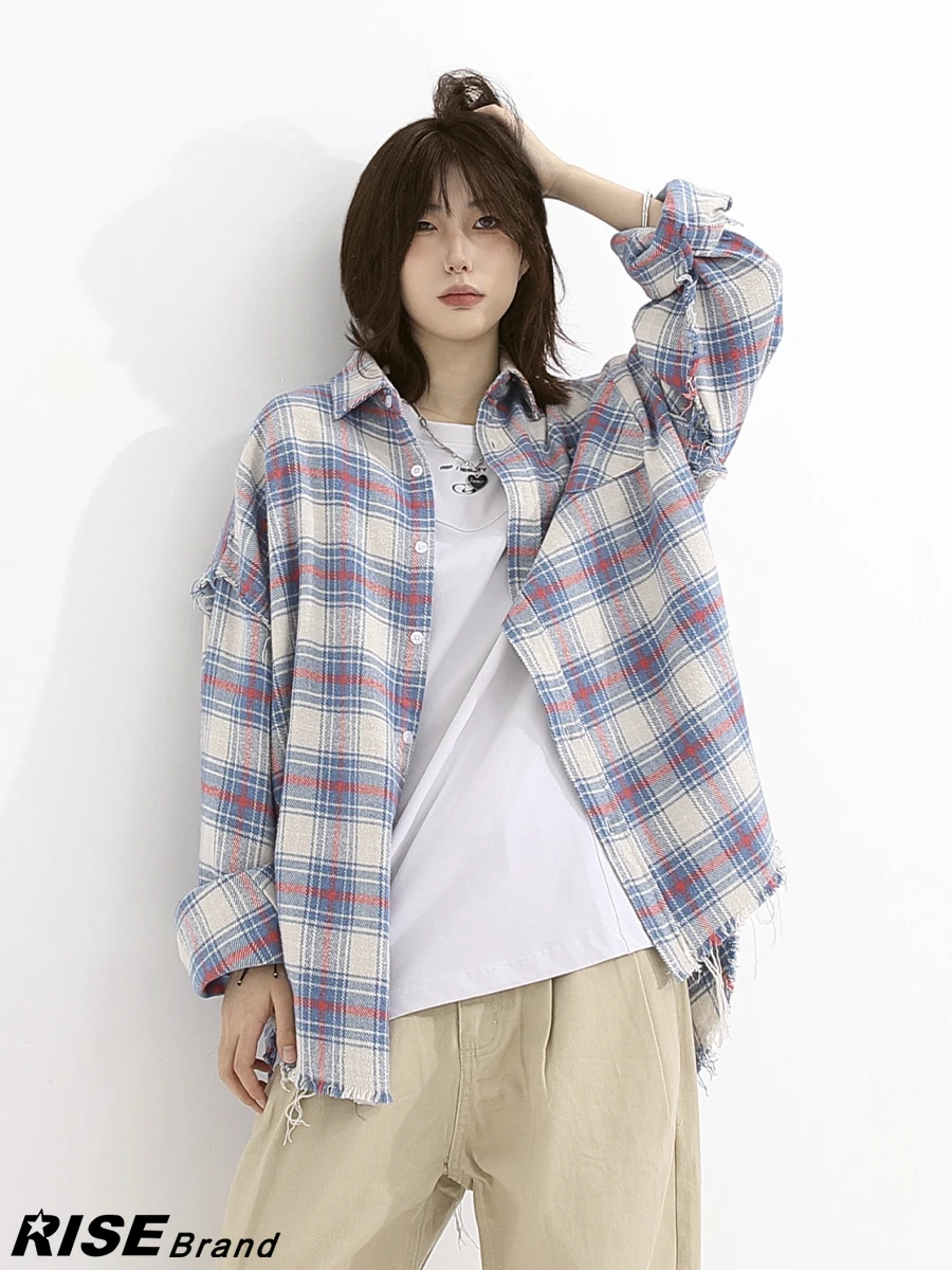 

Rise брендовая женская верхняя одежда из хлопка и льна с текстурой irt Long Sve, весенне-осенняя мужская повседневная одежда в клетку с ленивым принтом