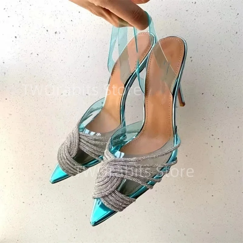 

2025 Crystal Shallow High Heel Fashion Transparent Pointed Toe Stiletto Sandals Women Concise Slip On Casual Ladies Shoe Outdoor